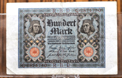 1920 100 Mark German Paper Note - Reichsbanknote - Excellent Condition - WWI era note