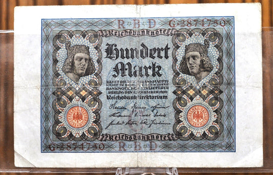 1920 100 Mark German Paper Note - Reichsbanknote - Excellent Condition - WWI era note