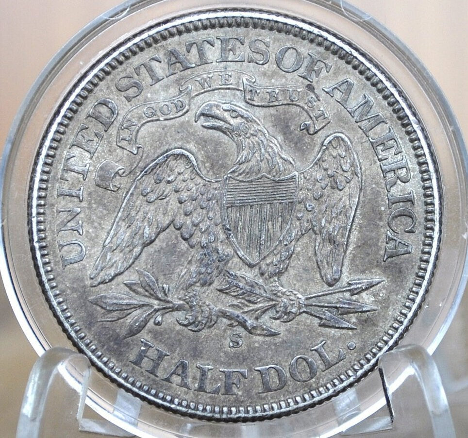 1875-S Seated Liberty Half Dollar - AU Details, scratched, toned, mint luster visible - 1875 S Liberty Seated Silver Half Dollar - Authentic