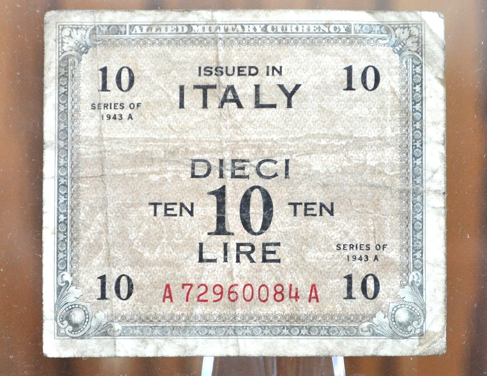 1943 10 Lire Italian Banknote - Cool Old Banknote from WWII - Italy Banknote Ten Lire Dieci Lire Banknote 1943 A Allied Military WWII Issue