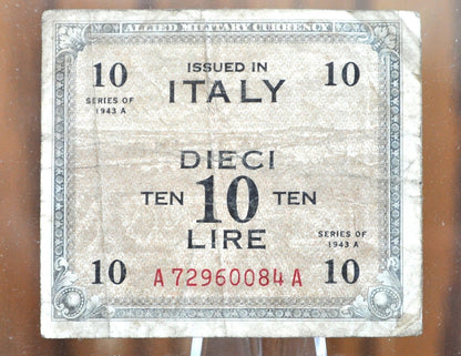 1943 10 Lire Italian Banknote - Cool Old Banknote from WWII - Italy Banknote Ten Lire Dieci Lire Banknote 1943 A Allied Military WWII Issue