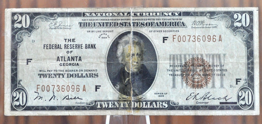 1929 20 Dollar National Currency Note Fr1870-F - Taped - Atlanta GA 1929 A Twenty Dollar Federal Reserve Bank Note Fr#1870-F, Rarer Type