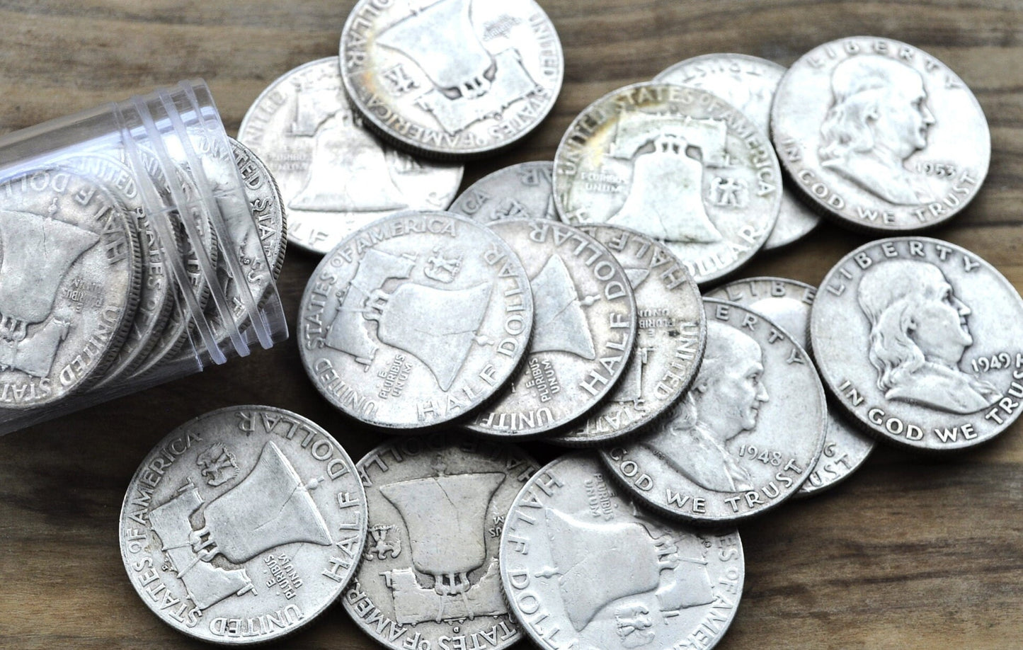 Full Roll of Franklin Half Dollars - Mixed Grades - 20 Silver Half Dollars - 1940s, 1950's, 1960's Ben Franklin Silver Half Dollar