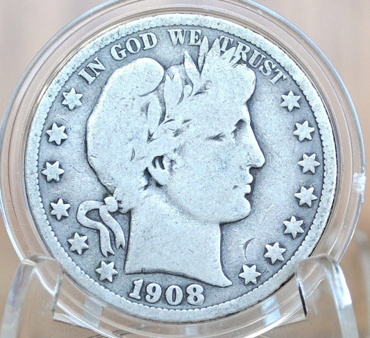 1908-S Barber Silver Half Dollar, Key Date - VG (Very Good) Grade/Condition, San Francisco Mint 1908S Half Dollar 1908 S Barber 50 Cent Coin