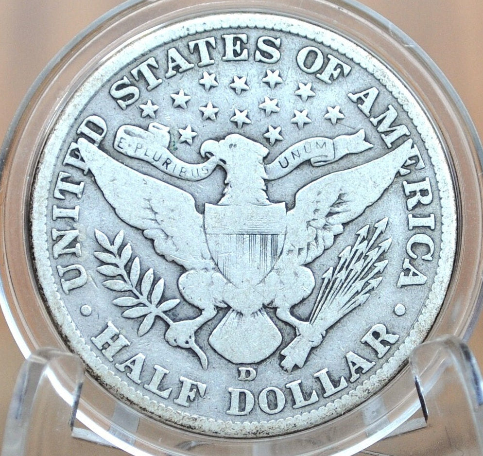1911-D Barber Half Dollar - VG+ (Very Good/VG10)-Denver Mint-1911D Silver Half Dollar 1911 D Barber 1911D Half Dollar, Nice Coin Low Mintage