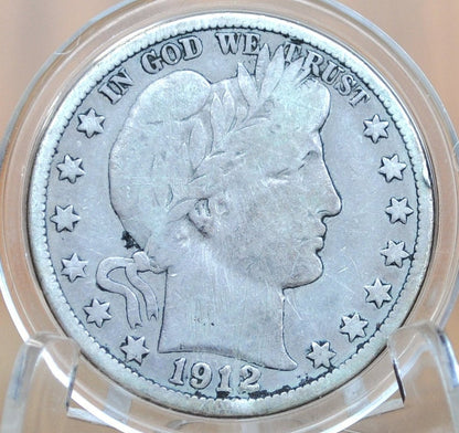 1912-D Barber Half Dollar - VG+ (Very Good/VG10)-Denver Mint-1912D Silver Half Dollar 1912 D Barber 1912D Half Dollar, Nice Coin Better Date