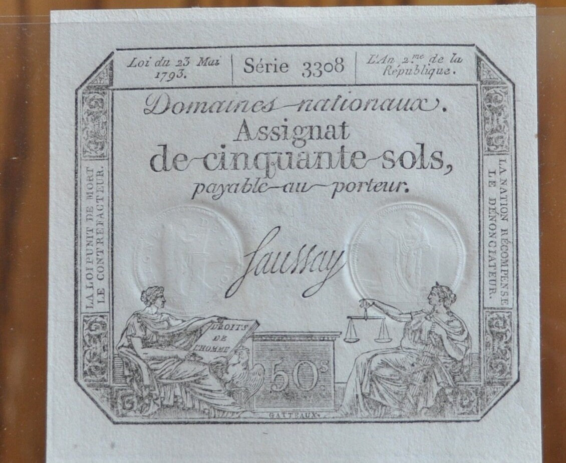 1793 France 50 Sols Banknote - French Revolution, Uncirculated, Beautiful Art, Assignat Note de cinquante sols Series 3308, Napoleonic Era