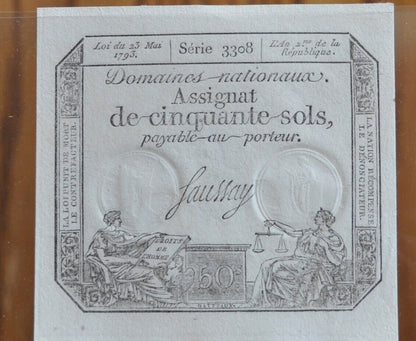 1793 France 50 Sols Banknote - French Revolution, Uncirculated, Beautiful Art, Assignat Note de cinquante sols Series 3308, Napoleonic Era
