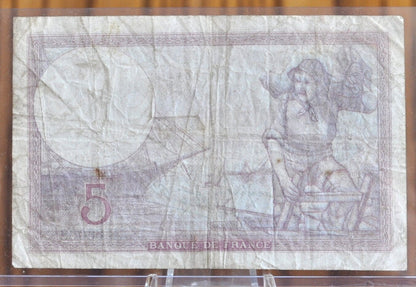 1939 France 5 Franc Banknote - WWII Era French Bank Note, Beautiful Design - French Cinq Francs Banknote 1939