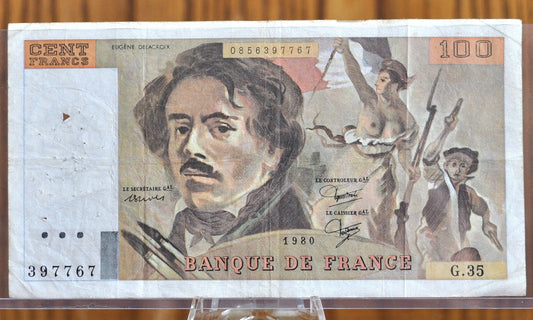 1980 France 100 Franc Banknote - Eugene Delacroix Type - Pick Number 154a (P#154a) - French One Hundred Francs Banknote 1980
