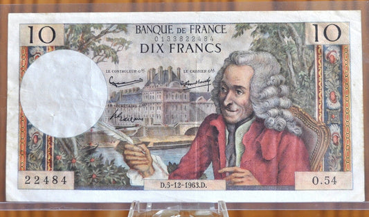 1972 France 10 Franc Banknote - Voltaire Type - Pick Number 147d (P#147d), VF - French Ten Francs Banknote 1972 1-6-1972