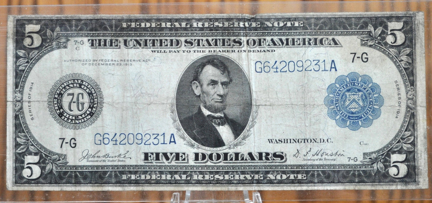 1914 5 Dollar Federal Reserve Note Large Size Fr870 - F (Fine) - Chicago 1914 Five Dollar Bill Large Note 1914 Horseblanket Fr#870
