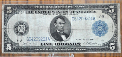 1914 5 Dollar Federal Reserve Note Large Size Fr870 - F (Fine) - Chicago 1914 Five Dollar Bill Large Note 1914 Horseblanket Fr#870