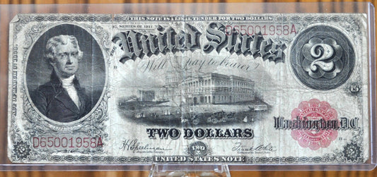 1917 2 Dollar Bill - VG+ (Very Good) Grade / Condition - Rarer Note - 1917 Horse Blanket Note Two Dollar Bill Bracelet back Fr#60 Fr60