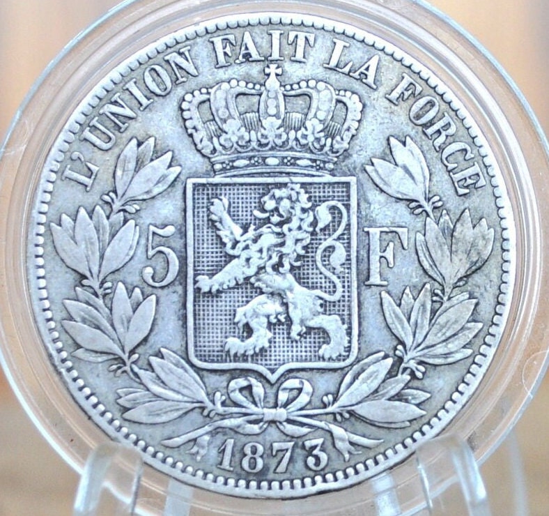 1873 Belgian 5 Franc Silver - Leopold II - 90% Silver Belgian 5 Francs Coin 1873