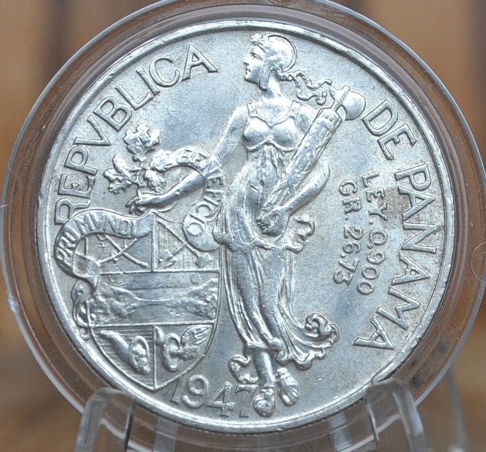 1947 Panama 1 Balboa - AU, Great Mint Luster, Silver, Only 500,000