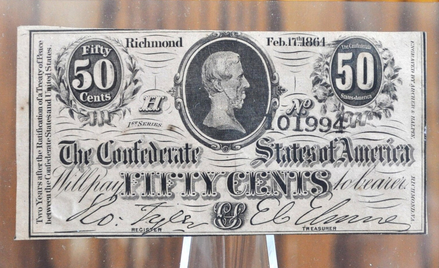 1864 50 Cent Fractional Currency - AU (About Uncirculated) Grade/Condition - Confederate Fractional Note Fifty Cent Jefferson Davis Type