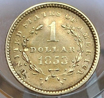 1853 Liberty Head One Dollar Gold Coin - Great Detail - 1 Dollar Gold Coin 1853 Liberty Head - Beautiful Coin