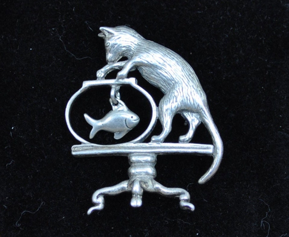 Awesome Vintage Cat Pin! Sterling Silver - Cat Catching a Fish in a Bowl - Vintage Cat Brooch, Cat Jewelry, Hilarious