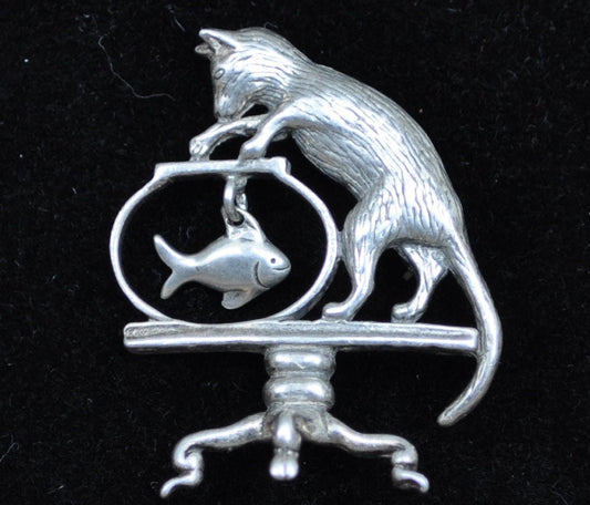 Awesome Vintage Cat Pin! Sterling Silver - Cat Catching a Fish in a Bowl - Vintage Cat Brooch, Cat Jewelry, Hilarious
