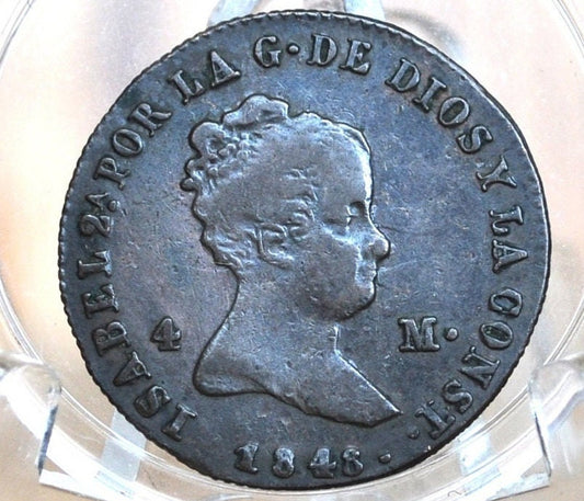 1848 Spanish 4 Maravedis - High Level of Detail - Isabel II of Spain - Copper - Spain Isabel II Coin - Four Maravedis 1848