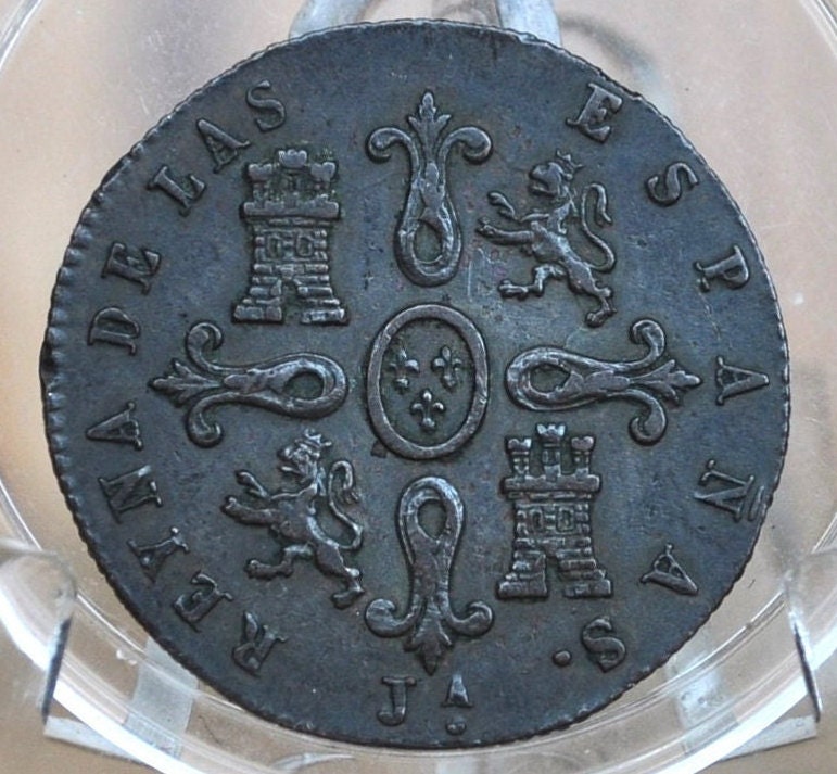 1848 Spanish 4 Maravedis - High Level of Detail - Isabel II of Spain - Copper - Spain Isabel II Coin - Four Maravedis 1848