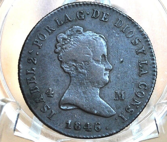 1846 Spanish 4 Maravedis - High Level of Detail, XF/AU - Isabel II of Spain - Copper - Spain Isabel 2nd Coin, Four Maravedis 1846