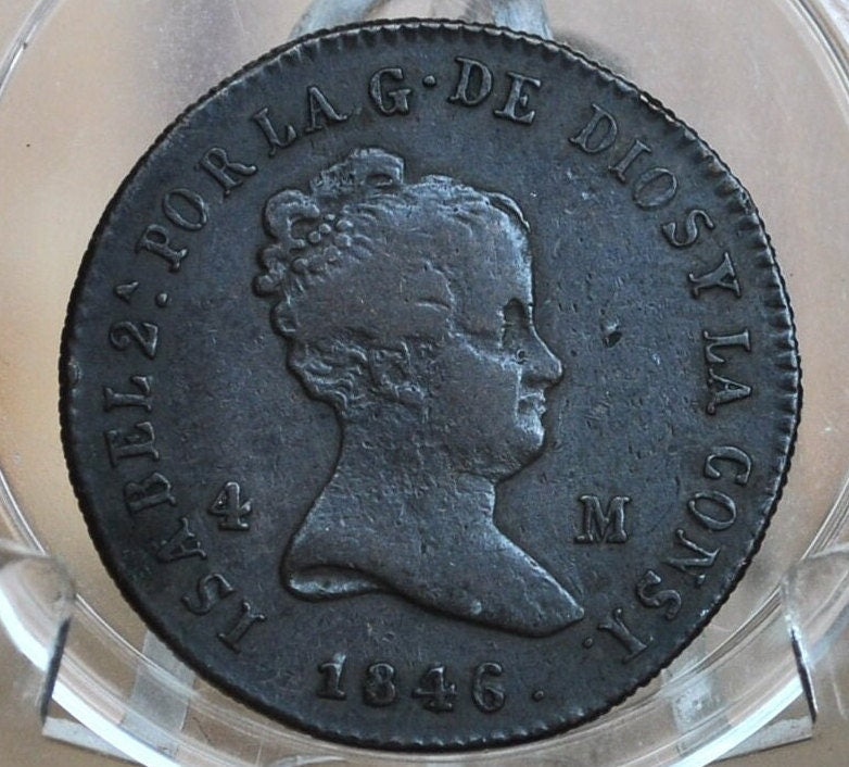 1846 Spanish 4 Maravedis - High Level of Detail, XF/AU - Isabel II of Spain - Copper - Spain Isabel 2nd Coin, Four Maravedis 1846