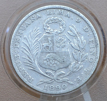 1890 Peru Silver 1/5 Sol - Low Mintage, Only 85,000, Great Condition - 1890 One Fifth Sol Peru Silver Un Sol 1890 TF Republica Peruana Lima