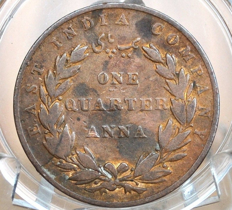 1835 East India Company 1/4 Anna, Great Condition, Dutch East India Company One Quarter Anna 1835, Early 1800's Coin