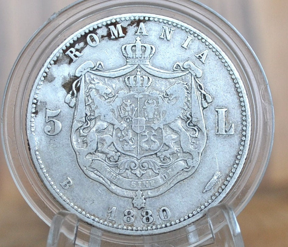 1880 Romania Silver 5 Lei - XF (Extremely Fine) Details / Condition, Engraver Name Near Rim Variety - Romanian Five Lei 1880, Rarer Coin