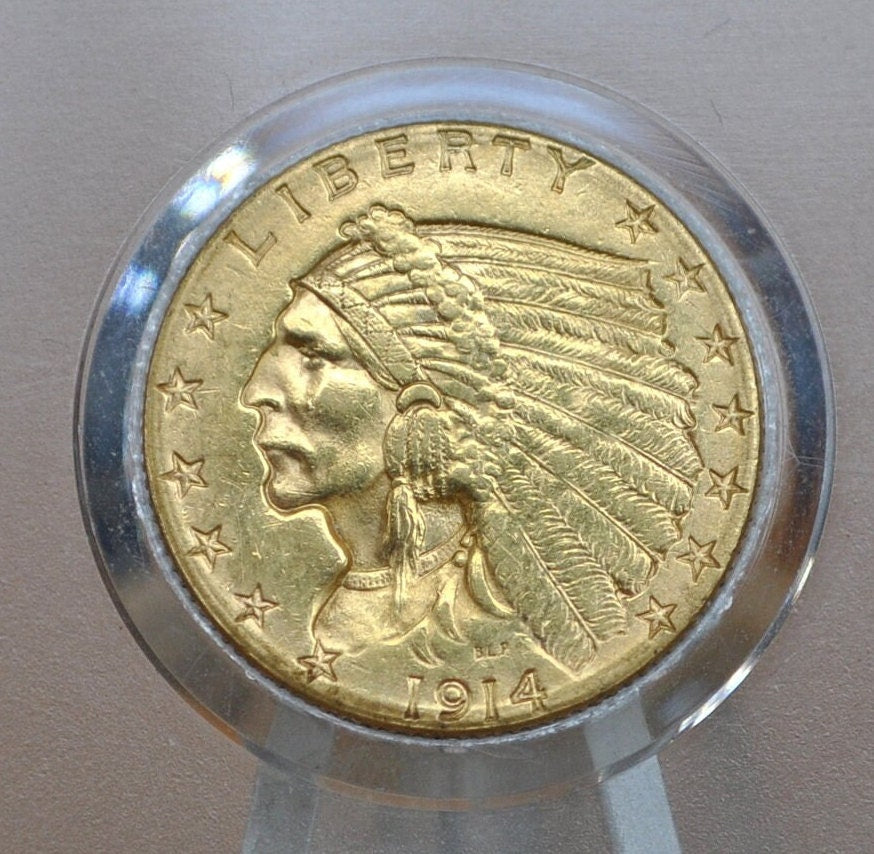 1914-D 2.5 Dollar Gold Coin - Choice AU, Lustrous Coin - 1914D Quarter Eagle Gold 1914D Indian Head Gold, Affordable Price, Historic Coin