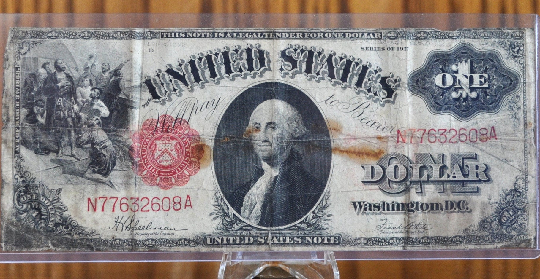 1917 1 Dollar Bill Legal Tender Fr#39 - F (Fine) Grade, with stains - 1917 Horse Blanket Note 1 Dollar Bill Large 1917 One Dollar Fr.39