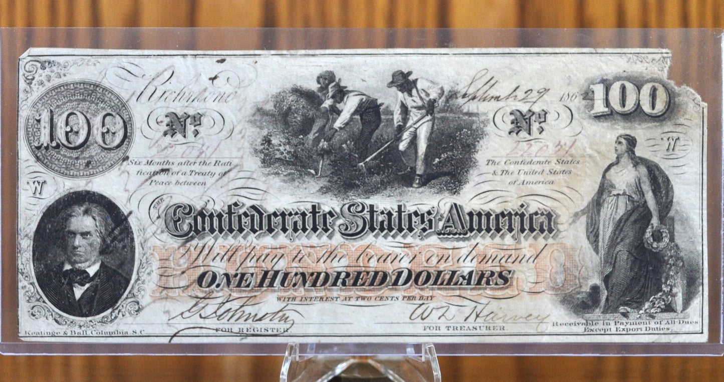 1862 Confederate 100 Dollar Bill T41/CS41 - Civil War Issue Banknote - Confederate One Hundred Dollar Note - CS-41/T-41