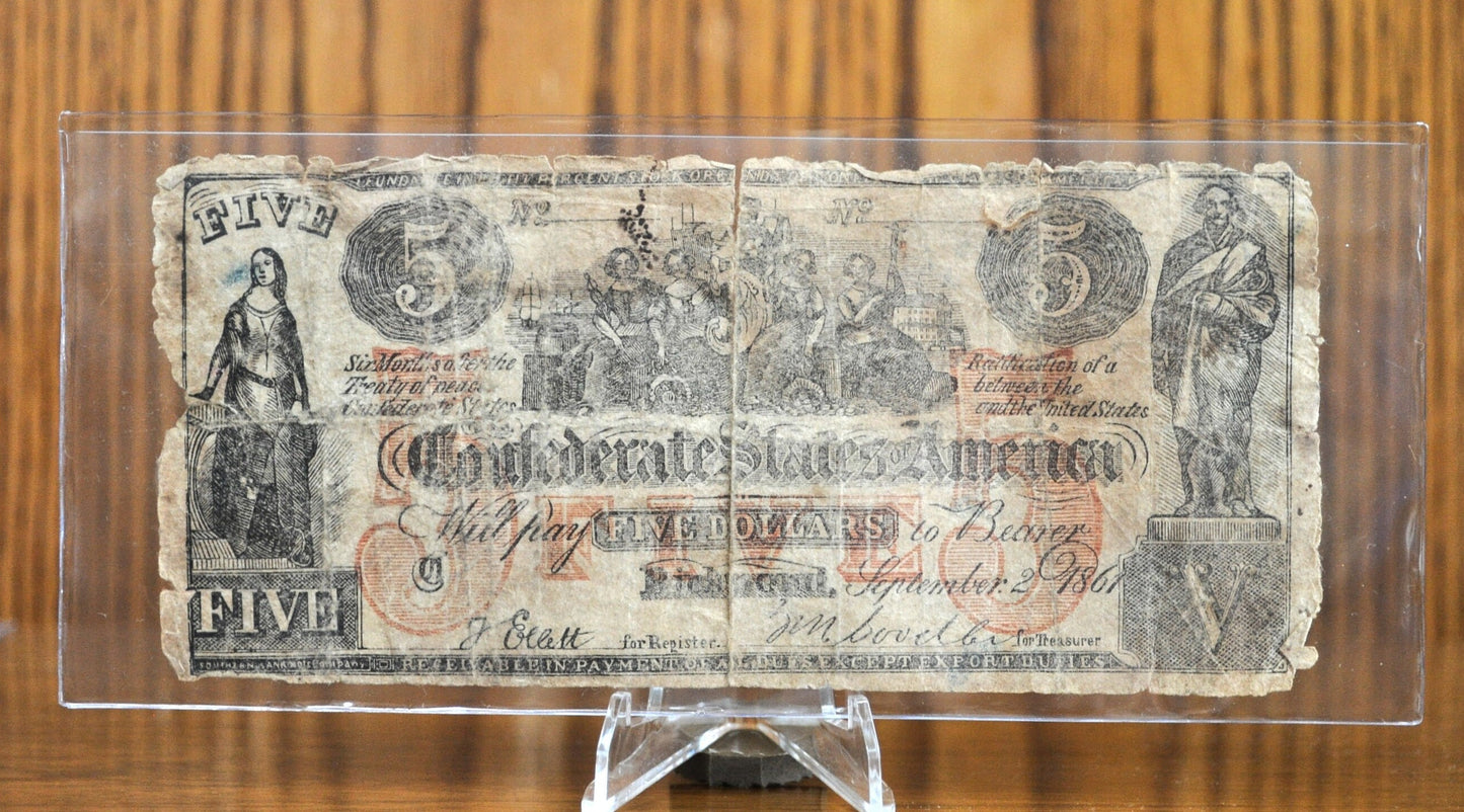 Very Rare 1861 Confederate States of America 5 Dollar Bill, T31/CS31 - Heavily Worn, Good 4-6 - Confederate Five Dollar Bill 1861 Issue T31