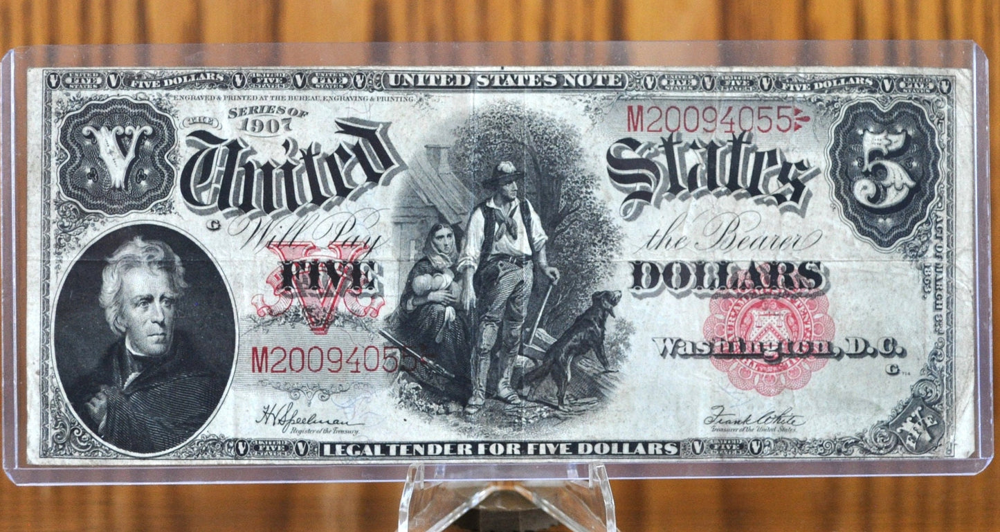 1907 5 Dollar United States Note, Woodchopper Note! Fr#91, XF Grade/Cond. 1907 Series Woodchopper 5 Dollar Bill Large Size 1907 Horseblanket