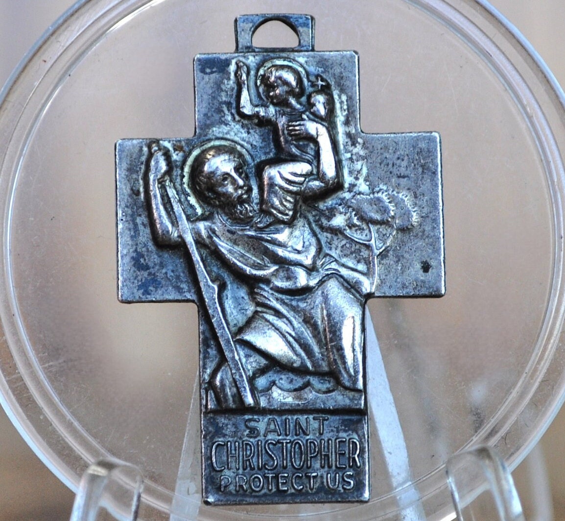 Antique Sterling Silver St. Christopher Pendent - Catholic Safe Journey Token Silver - St. Christopher Protect Us - Silver Pendent