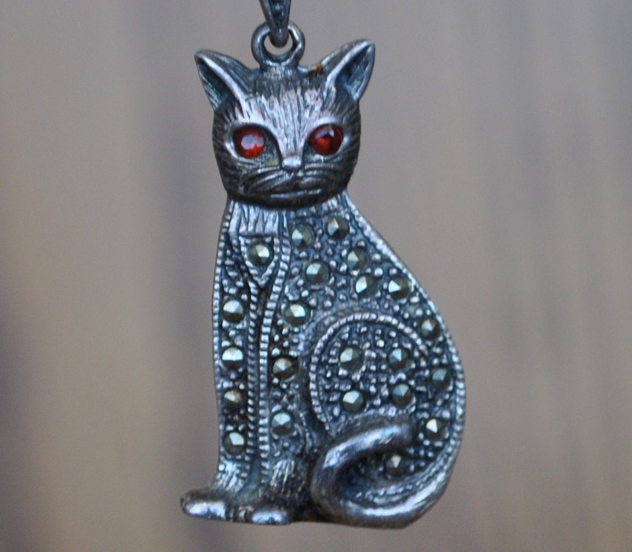 Awesome Vintage Cat Pendent! Sterling Silver - Cat Silver Jewelry - Red Eyed Cat, Cat Jewelry