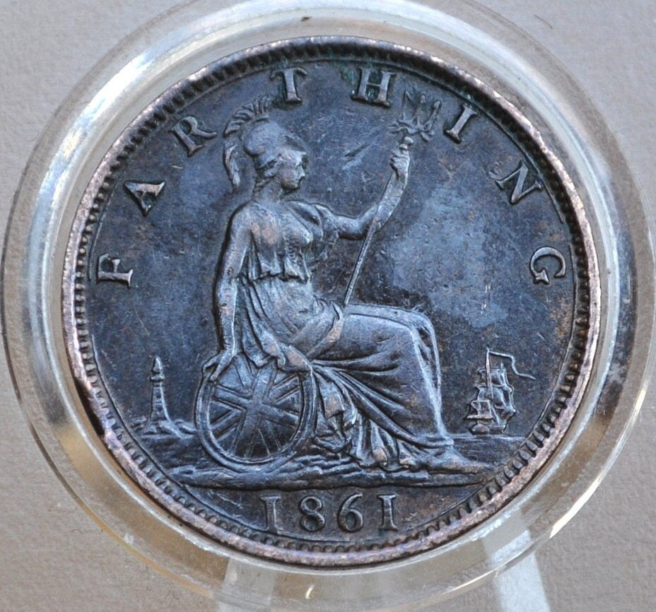 1861 Farthing Great Britain - AU Details, Beautiful Coin - UK Farthing 1861 - Queen Victoria Young Head - Bronze