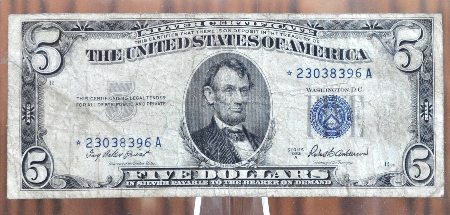 1953 5 Dollar Star Note Silver Certificate - Star Note - 1953 Blue Seal 5 Dollar Bill Five Dollar Silver Certificate 1953 Star Note