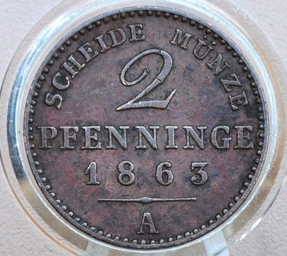 1863 Prussian 2 Pfennig Scheidemunze Coin - XF+ (Extremely Fine) Details / Condition - Prussia 1863 180 Einen Thaler Prussian Coin