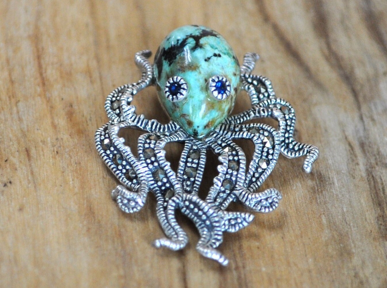 Beautiful Sterling Silver Octopus Pendent with Ocean Jasper Stone - Vintage Silver Necklace Pendent - Unique Piece, Lovely, Nautical Jewelry