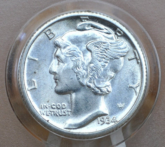 1934 Mercury Dime - F to VF (Fine to Very Fine) Condition - Philadelphia Mint - 1934-P Mercury Dime - Winged Liberty Head Silver Dime 1934