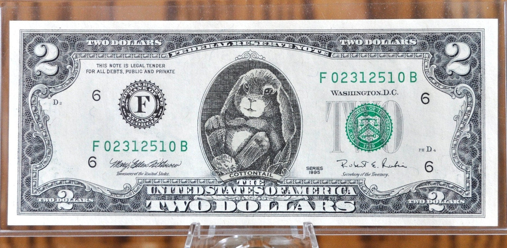 Adorable Cottontail 2 Dollar Bill - Uncirculated, Rare 90's