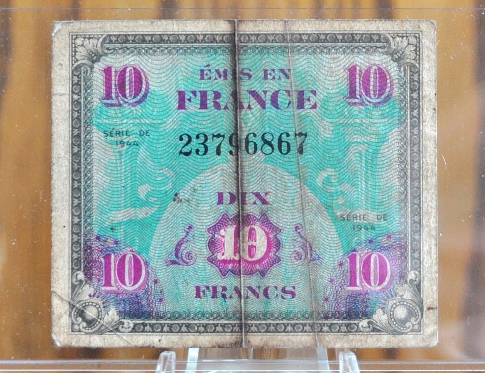 1944 France 10 Franc Paper Note - WWII Era French Bank Note, Beautiful Artwork - French 10 Francs Banknote