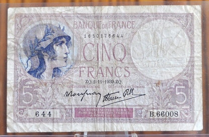 1939 France 5 Franc Banknote - WWII Era French Bank Note, Beautiful Design - French Cinq Francs Banknote 1939