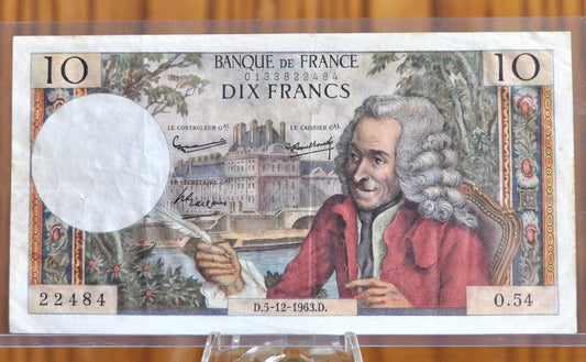 1963 France 10 Franc Banknote - Voltaire Type - Pick Number 147a (P#147a), AU - French Ten Francs Banknote 1963 5-12-1963