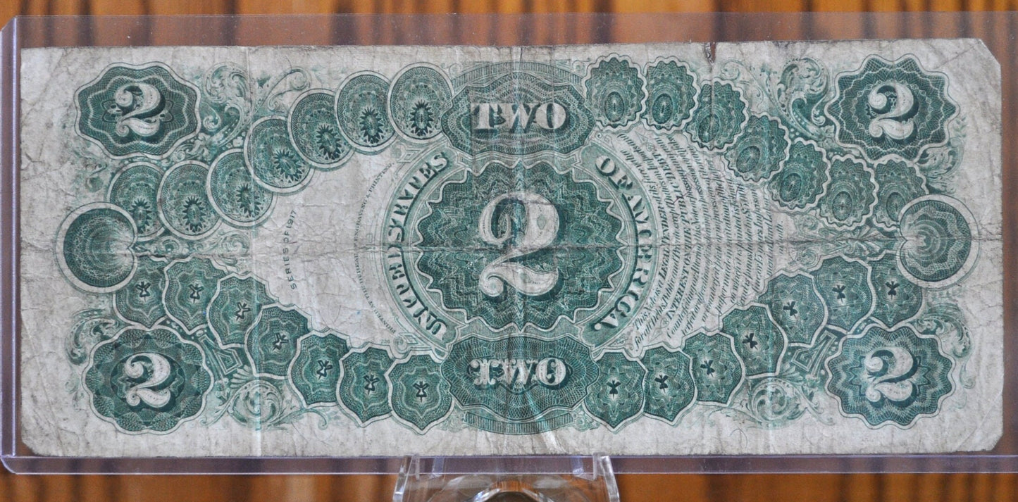 1917 2 Dollar Bill - VG+ (Very Good) Grade / Condition - Rarer Note - 1917 Horse Blanket Note Two Dollar Bill Bracelet back Fr#60 Fr60