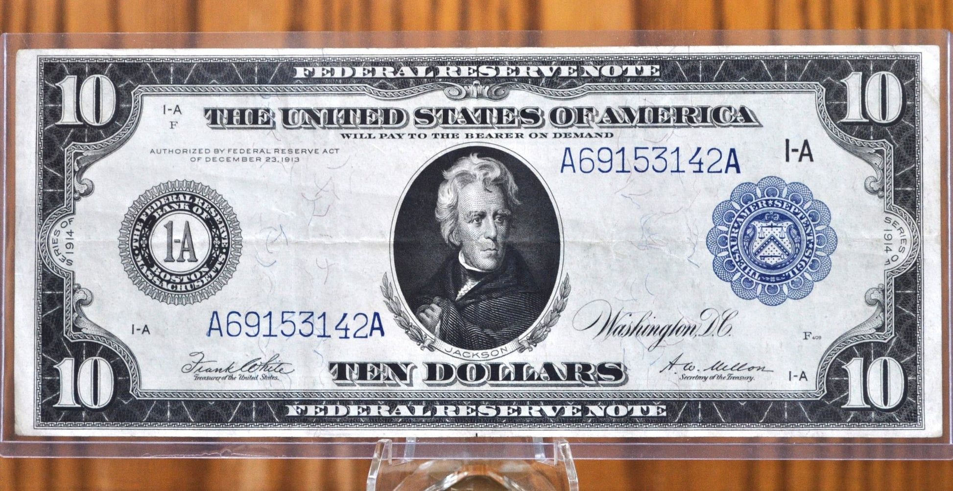 1914 10 Dollar Federal Reserve Note Large Size Fr#907b - AU (About Unc.) - Boston 1914 Ten Dollar Bill Large Note 1914 Horseblanket Fr907b