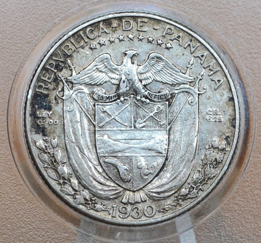 Rarer 1930 Panama 1/4 Balboa - Great Condition, AU - Silver Quarter Balboa Coin 1930 Panama, Only 400,000 Made, High Grade